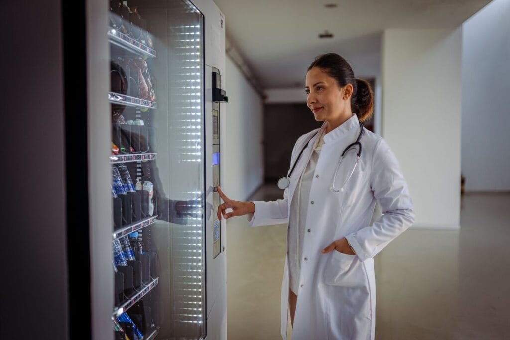 Female healthcare professional using a vending machine in a medical facility